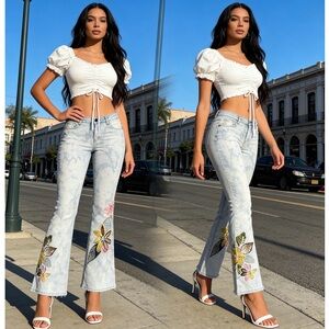 Floral Embroidered Light Blue Jeans